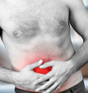 Male holds abdomen, which has a red indicator to locate pain.