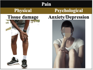 Side by side graphic illustrates the difference between physical and psychological pain.