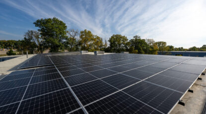 Two new solar arrays located at the North Campus Facilities Services Building are now operational. (Photo by Eric Bronson, Michigan Photography)