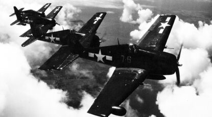 War planes flying in clouds, WWII. Black and white. Hellcats.