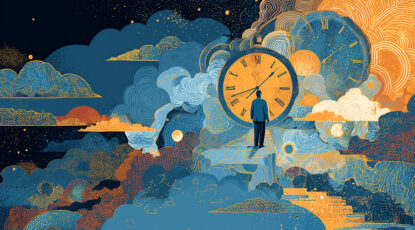 Colorful graphic, produced using AI technology, shows a person surrounded by clouds and clocks to represent new research from the University of Michigan.