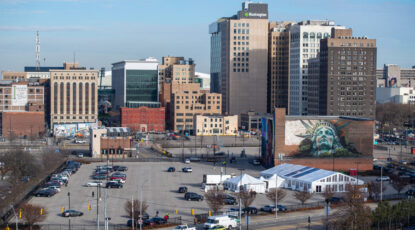 Aerial view of the future site of the U-M Center for Innovation in Detroit, which will be built on 2 acres of a parking lot, a donation of land from Olympia Development.