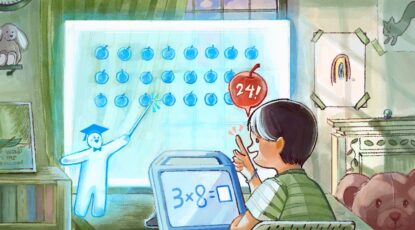 Animation of a kid doing math on a computer as AI agent celebrates the correct answer.