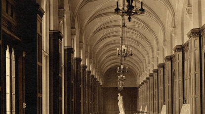 Sepia toned image of he lobby at University of Michigan's Martha Cook Building featuring a statue of Venus de Milo.