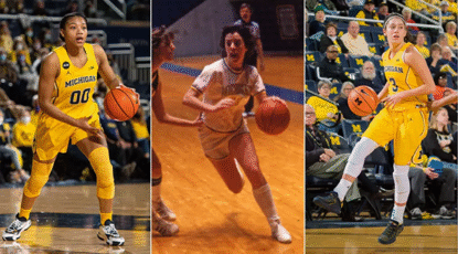 Composite photo of three Michigan women's basketball players in action.