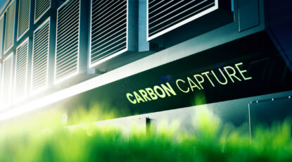 3D rendering of a carbon capture device in a green landscape, symbolizing innovation in climate technology and the pursuit of a sustainable future.