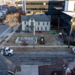 Overhead view of the foundation where the Raoul Wallenberg house was moved next door to the Arthur Miller house at Division and Jefferson in Ann Arbor.
