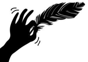 Black and white graphic of a hand holding a feather.
