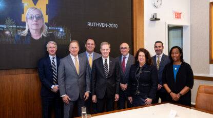 From left, Regents Denise Ilitch (on screen), Paul Brown, Carl Meyers, Michael Behm, President-elect Kent Syverud, Regents Carl Bernstein, Sarah Hubbard, Jordan Acker and Katherine White. (Eric Bronson, Michigan Photography)