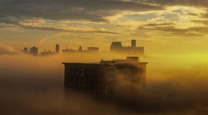 Michigan Central Train Station appears bathed in eerie fog.
