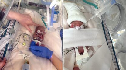 Two premature babies pictured in the NICU at Michigan Medicine's Mott Children's Hospital.
