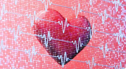 Graphic of a valentine's style heart with 1s and 0s as a background and EKG type pattern crossing the screen.