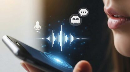 Extreme closeup of female mouth speaking into cell phone with icons floating from the phone to illustrate a U-M study on AI and personality.