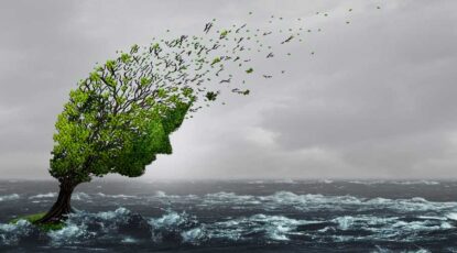 Stock image shows tree bent in the wind amid raging waters as leaves blow off the top of its branches.