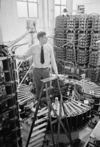 University of Michigan Horace Richard Crane with his Race Track Synchrotron, 1949. (Image credit: Stanley Kubrick, Look magazine photograph collection, Library of Congress.)