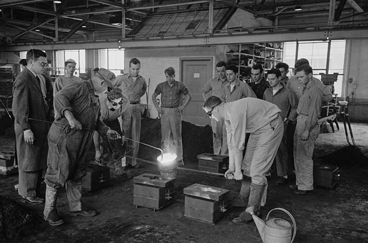 Black and white image, circa 1949, of metallurgy workshop at University of Michigan, Ann Arbor. (Image credit: Stanley Kubrick, Look magazine photograph collection, Library of Congress.)