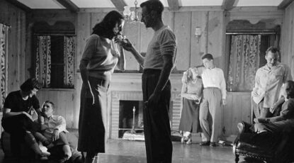 Black and white image of college party, co-ed, 1949, at University of Michigan Ann Arbor, by Stanley Kubrick for Look magazine.