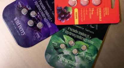 Packages of Kratom and 7-OH products, sold in convenience stores in brightly colored packaging.