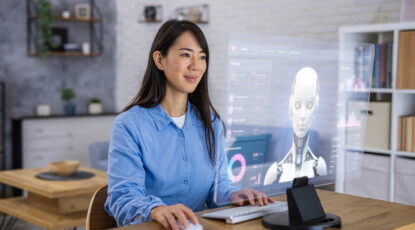 A woman works with artificial intelligence functions and smooth digital UI elements projected on a transparent screen.