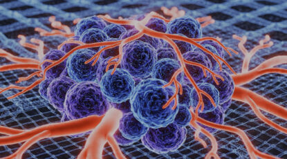 Image of weird cells -- looks like a cluster of grapes with orange stems.