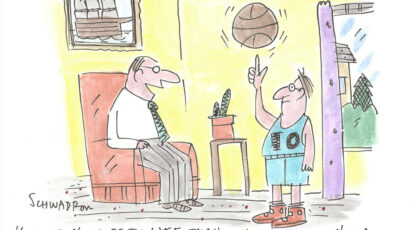 A colorized cartoon by Ann Arbor artist Harley Schwadron lampooning the college sports transfer portal.