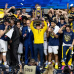 2026 University of Michigan men's basketball team celebrates 2026 NCAA national championship win.