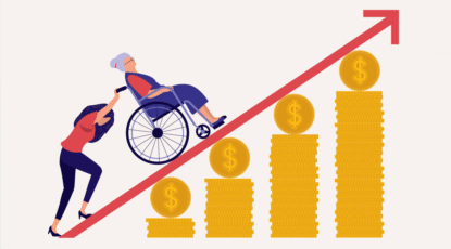 Graphic depicts woman pushing an elderly woman in a wheelchair up a ramp made of golden coins with dollar signs.