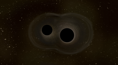Two black holes spiral each other as they prepare to merge in this illustration. Image credit: Copyright ESA.