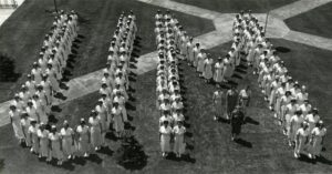 University of Michigan Class of 1960 Nurses standing in U-M formation on the Diag in Ann Arbor. (Image courtesy of U-M's Bentley Historical Library.)