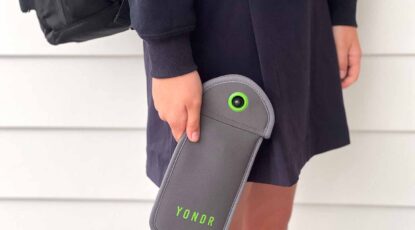 Lockable phone pouch with Yondr logo.