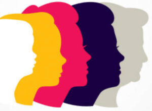 Five graphic profile images of the same person at different ages and in different colors.