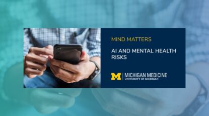 Graphic promotes Mind Matters podcast titled "AI and Mental Health Risks." Caucasian hands hold a cell phone in extreme closeup.