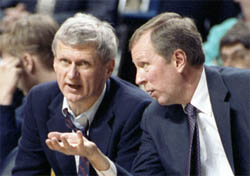 When coach Bill Frieder (left) announced he would be leaving U-M to coach Arizona State after the tournament, athletic director Bo Schembechler fired him on the spot and replaced him with assistant Steve Fisher. (Photo: Bob Kalmbach, U-M Photo Services. Image courtesy Bentley Historical Library.)