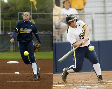 Jennie Ritter (left) and Samantha Findlay proved an overwhelming combination for the Wolverine softball team. They led U-M to a 32-2 record and a national championship: the first ever for a softball team from a northern school. (Photos: Ritter courtesy U-M Athletic Media Relations, Findlay by Scott Galvin, U-M Photo Services.)