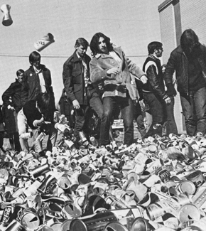 In the days before recycling became common -- partly as a result of the 1970s boom in environmental awareness -- participants in U-M's Teach-In on the Environment dumped piles of empty cans at a local bottling plant. (Reportedly, the students later picked up the cans and threw them away.) (Photo: Michiganensian. Courtesy Bentley Historical Library.)