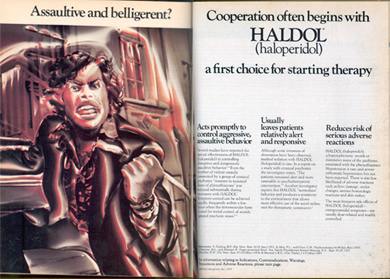 An ad for the drug Haldol from the 'Archives of General Psychiatry,' 1974, shows an angry African American man alongside the text 'Cooperation often begins with Haldol.' The association of schizophrenia with anger and blackness in the 1960s was a significant change from the original association of the illness with frail, nervous white women. (Image courtesy Jonathan Metzl.)