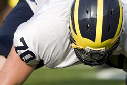 Michigan football lineman in stance