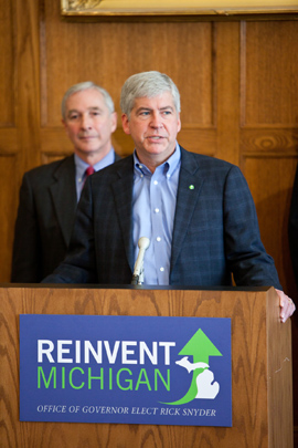 Rick Snyder named key members of his administration at a press conference at U-M's Ford School of Public Policy. (Photo: Austin Thomason, U-M Photo Services.)