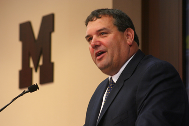 Brady Hoke at the press conference announcing his hiring as Michigan's new head coach. (Photo: Jared Wadley, U-M News Service.)