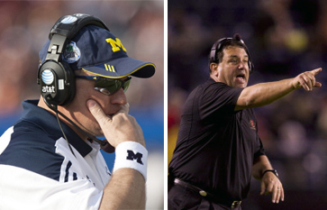 The biggest U-M news of the year was the removal of Rich Rodriguez (left) as head football coach, and the hiring of Brady Hoke to replace him. (Photos: U-M Photo Services, Getty Images.)