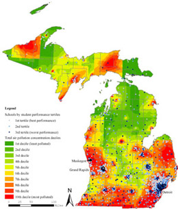 a map of Michigan correlating data of highest concentrations of air pollution with levels of academic performance