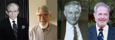 The team of U-M physicists who created non-linear optics. (L-R): Peter Franken stumbled on the idea while bored at a meeting; Gabriel Weinreich figured out which materials to use; Wilbur Peters devised the lab set-up; and Alan Hill, just a sophomore and a tinkerer extraordinaire, 'made sure the whole thing worked.'