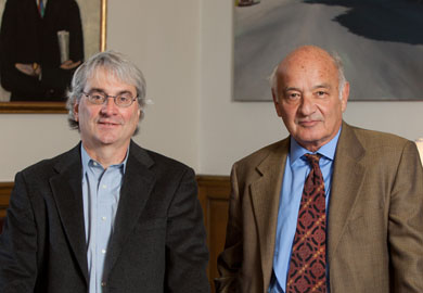 Professors James Burnstein (left) and Nicholas Delbanco, a professional screenwriter and novelist, respectively, teach 'Fiction Into Film,' probably the only course of its kind in the nation. (Photo: Scott Soderberg, U-M Photo Services.)