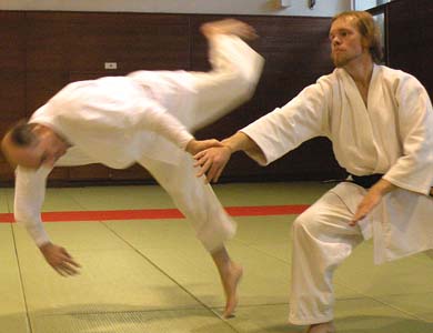 Hoekstra throws instructor Thierry Comont  while studying martial arts at Japan's International Budo University. (Image courtesy of Nick Hoekstra.)