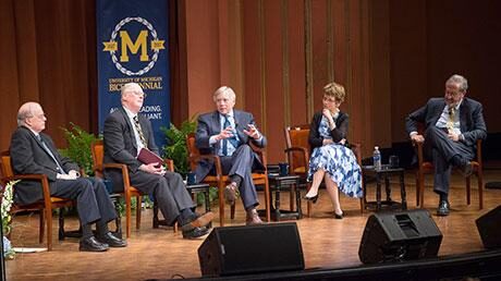 From left, past U-M presidents Harold Shapiro, James Duderstadt, Lee Bollinger and Mary Sue Coleman and current President Mark Schlissel participated in Thursday's panel discussion. (Photo by Austin Thomason, Michigan Photography)