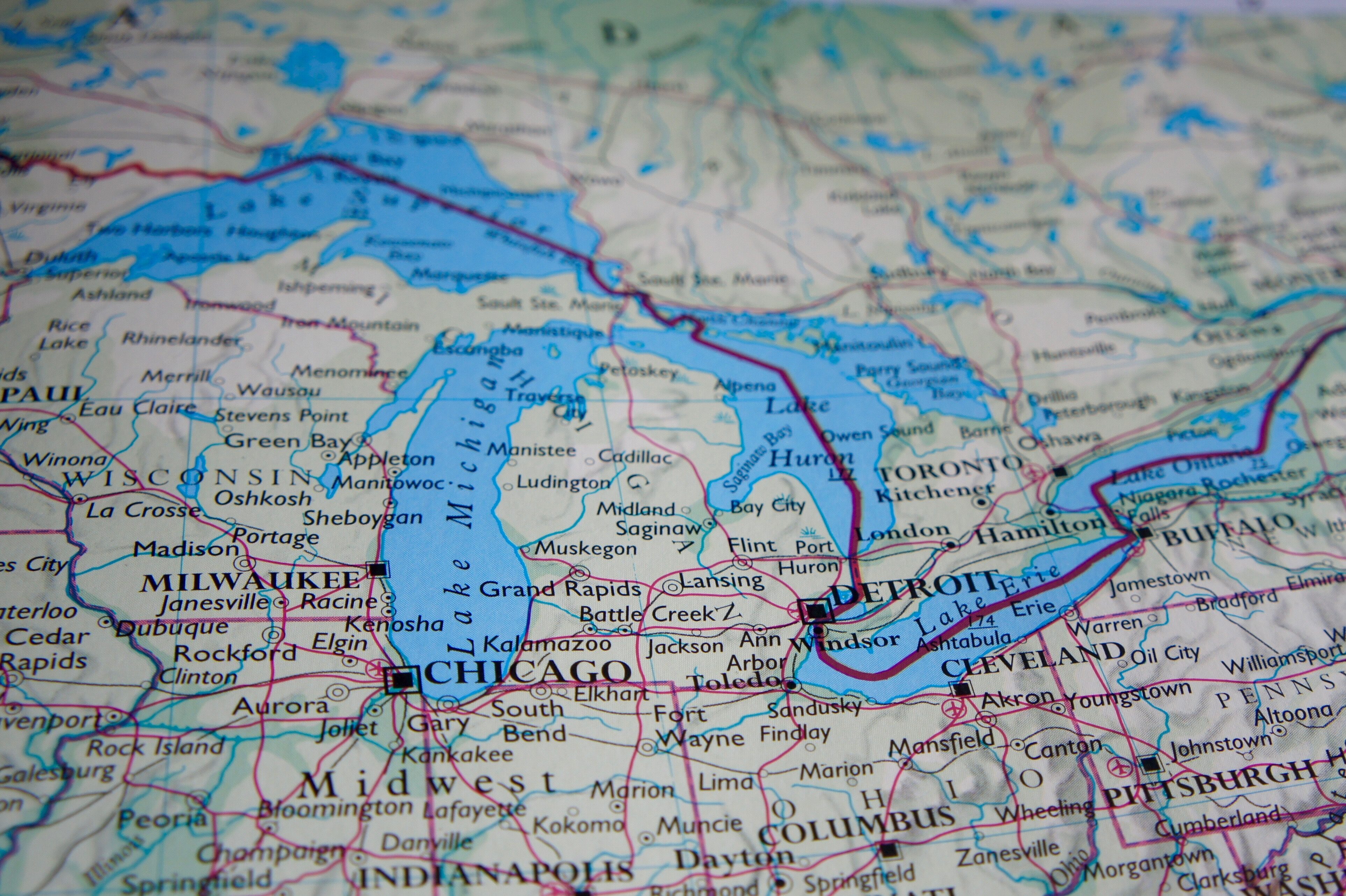 A close up of the Great Lakes on a map