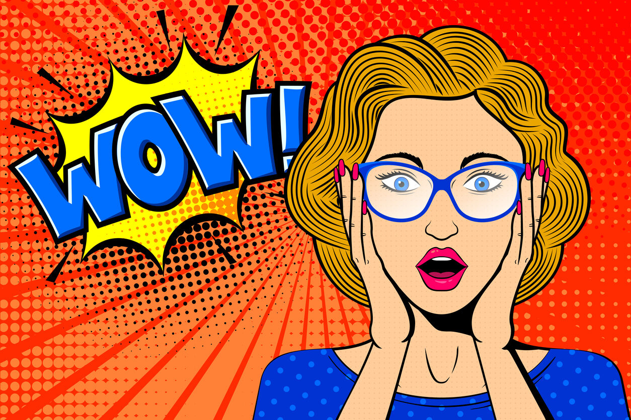 Pop art surprised female face. Comic blonde woman in glasses with WOW! speech bubble. Bright dotted background. Stock vector illustration for discount or party invitation poster.