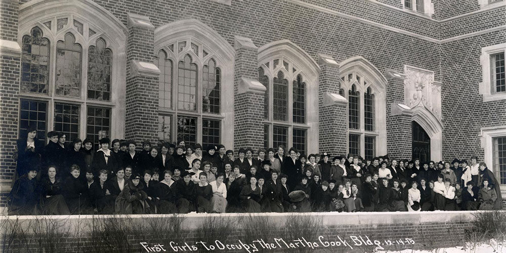 The first residents of Martha Cook pose in front of the dormitory in December 1915.