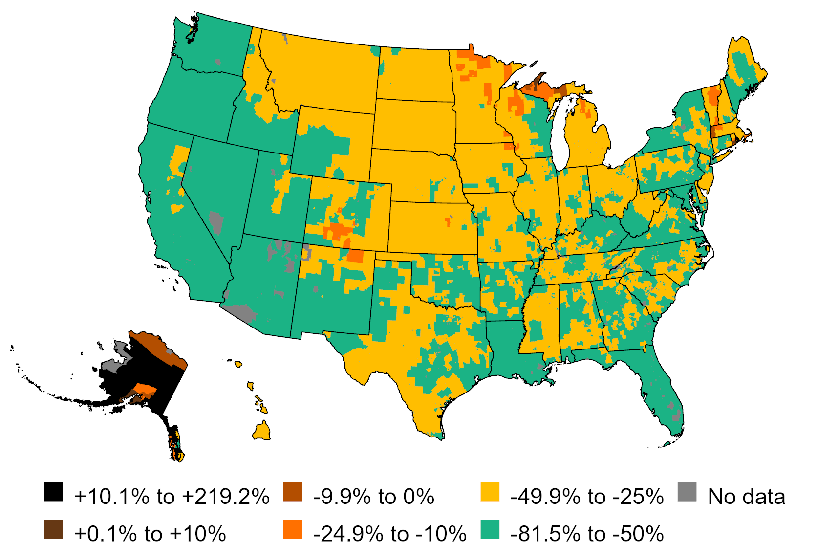 Map of percentage change in transportation energy burden from current on-road vehicle stock to a new battery-electric vehicle. Negative percentages indicate energy cost savings for EVs compared to gasoline powered vehicles. Areas with the greatest savings, shown in green, include the West Coast states and parts of the East and South. Transportation energy burden is the percentage of household income spent on fueling with gasoline or charging with electricity. Adapted from Vega-Perkins et al. in Environmental Research Letters, January 2023.