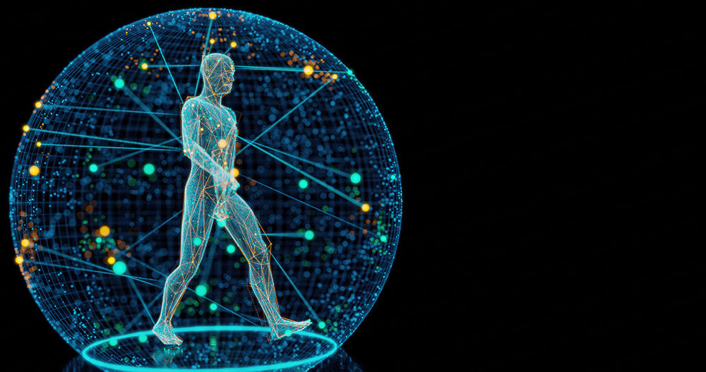 graphic of human figure walking inside a bubble in which it appears all kinds of signals are shooting about.